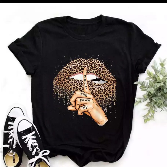Shut the F@#% Up Cheetah Print Lips T-shirt- NWT - Picture 2 of 10